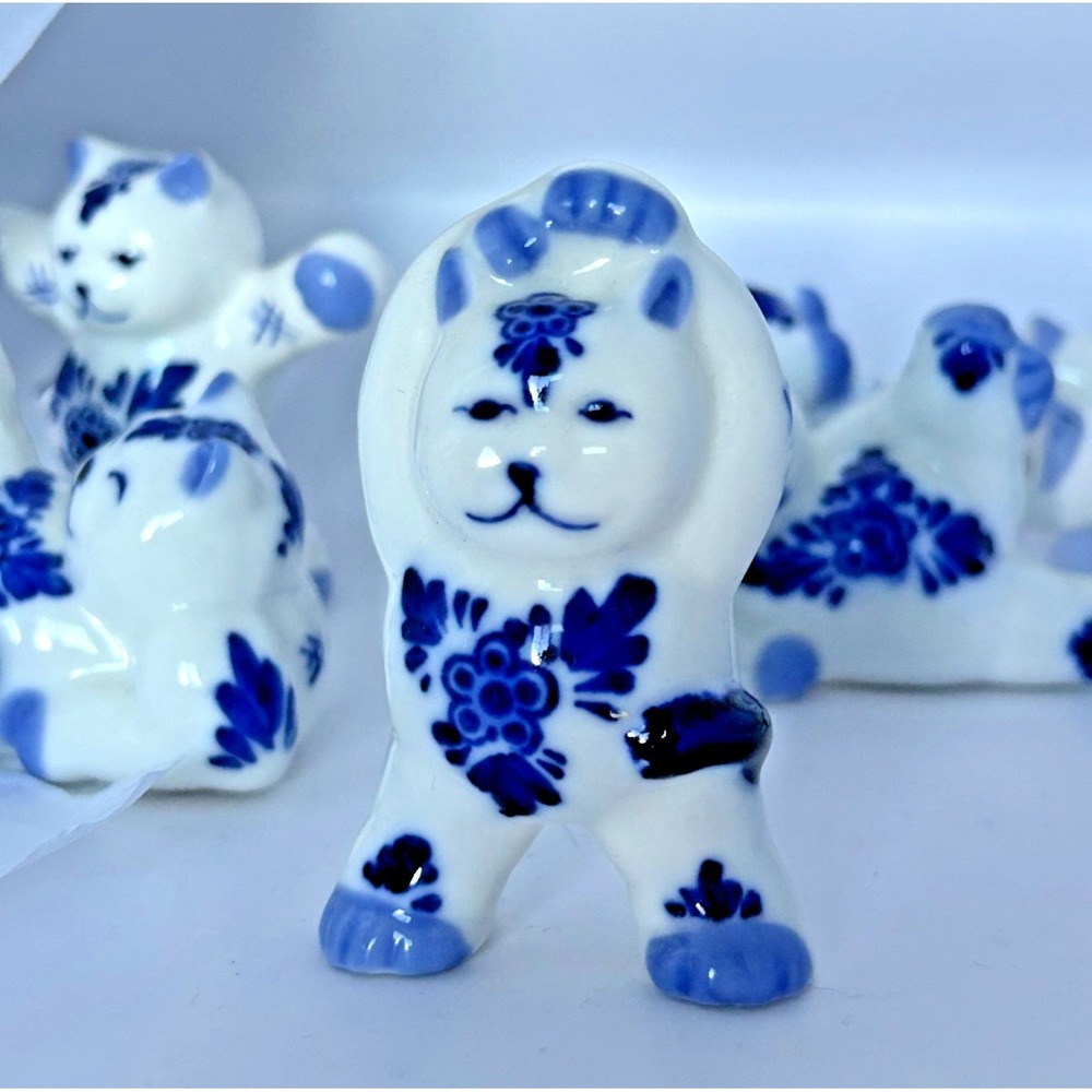 Gzhel Vintage‎ Russian Folk Art Porcelain Cats Blue White Figurine Exercise Yoga - Picture 15 of 16